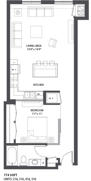 Floor plan for 1 bed, 1 bath, 712 sqft